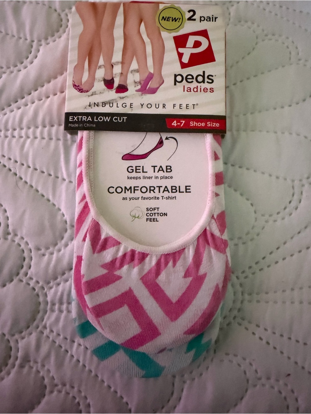 Ladies No-Show Cotton Socks - Pink and Blue Pattern (2 Pair)